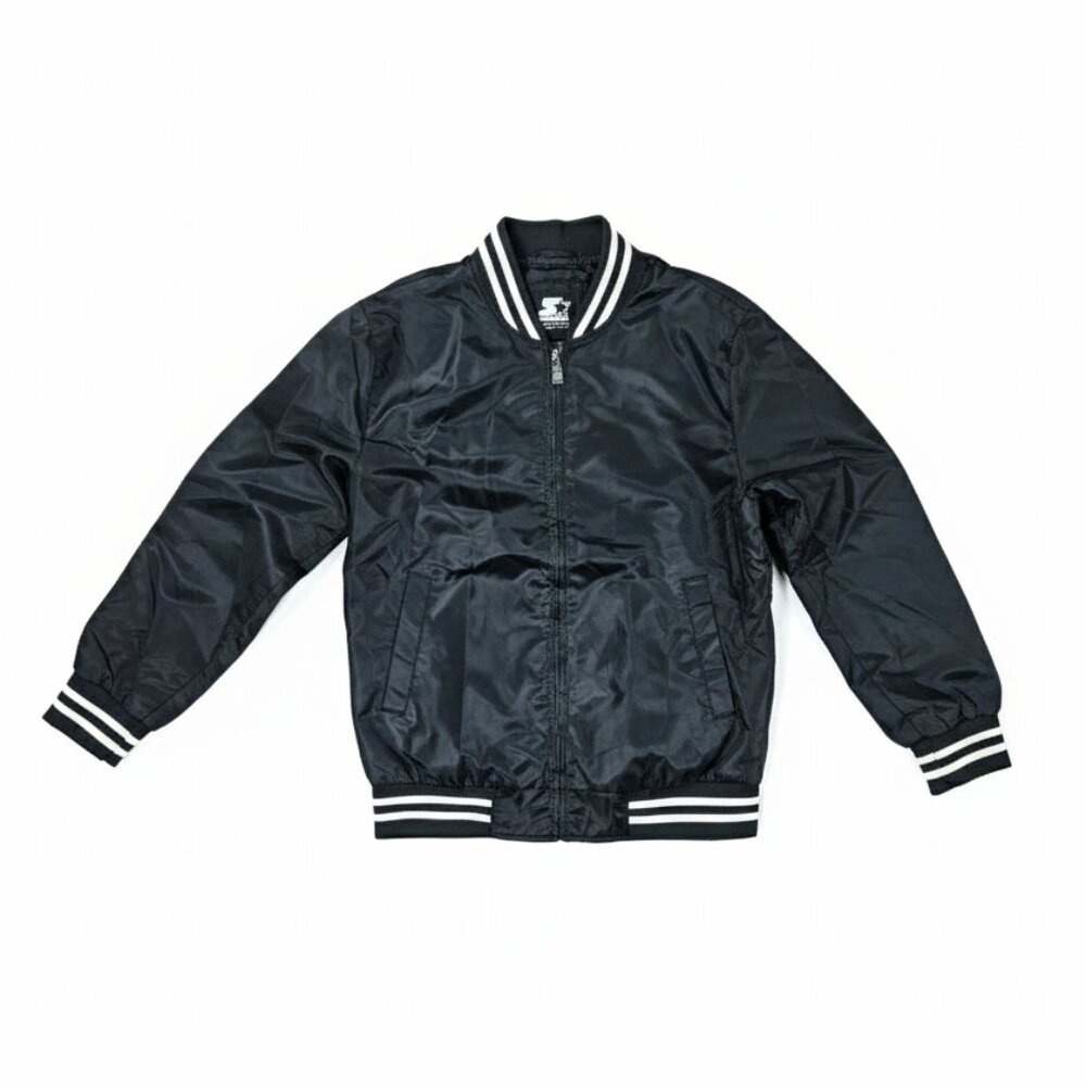 Starter Black Label Mens Black Zip Up Lightweight Satin Bomber Jacket Size Small